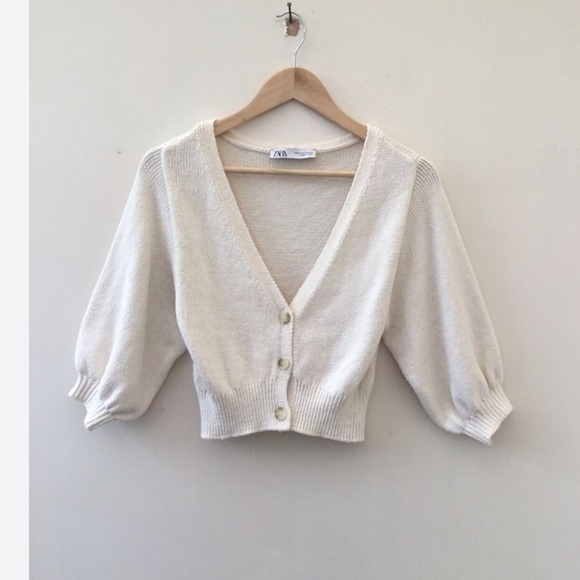 Zara Sweaters - Zara White Cropped 3/4 Sleeve Cardigan Knitted Sweater